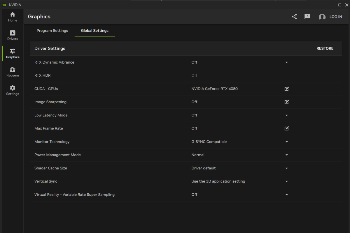 Screenshot of graphics settings